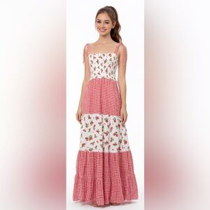 bebop Strawberry Gingham Maxi Dress Cottagecore Smocked Picnic Summer Flowy S